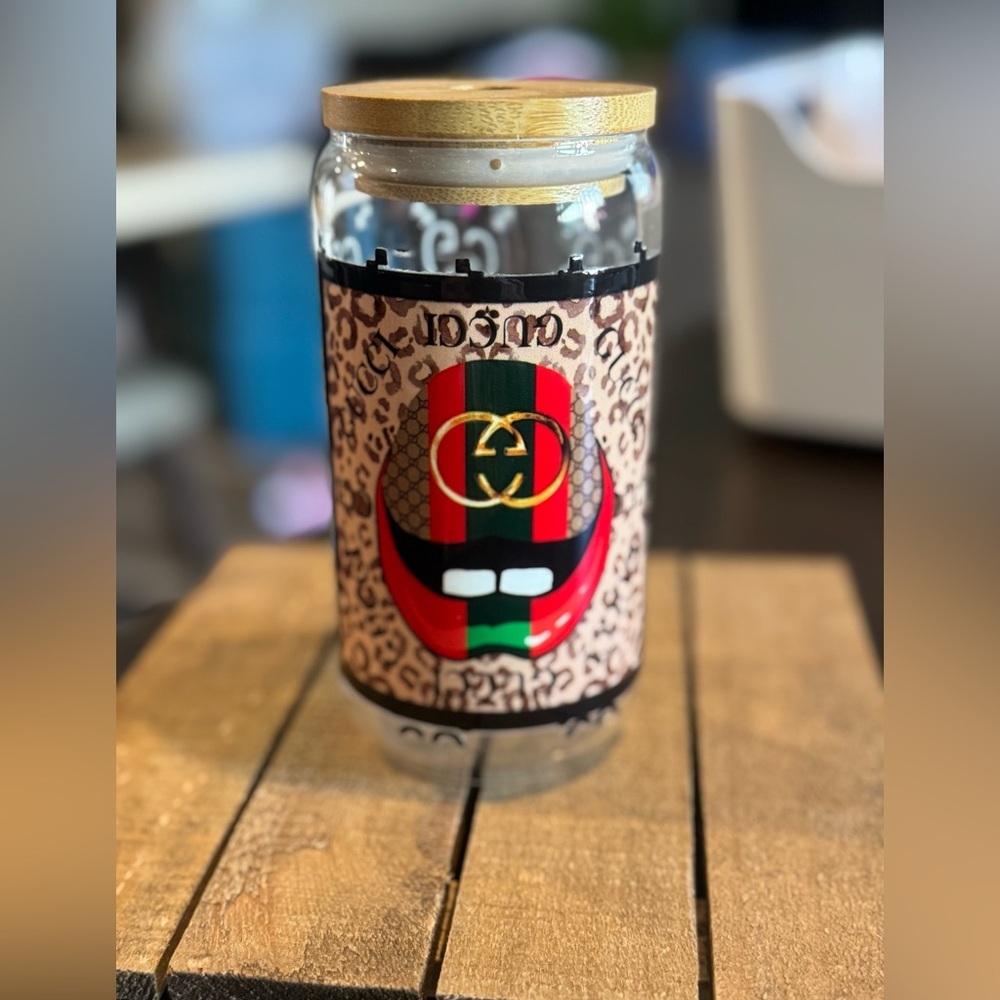 Leopard Print Glass cup with Bamboo Lid